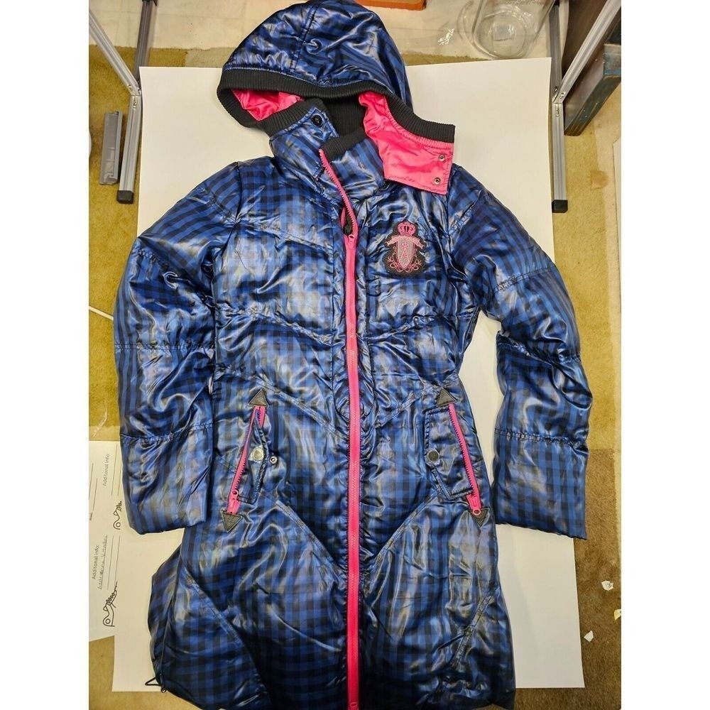 ANNZ0 Blue Black Plaid Puffer Coat Hooded Winter Warm Zip Up Women - Picture 1 of 10